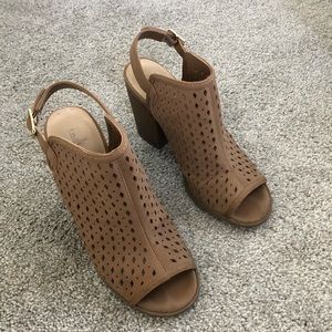 tan, open toed booties.